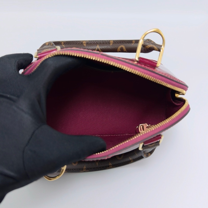 LV玫紅色漆皮拼老花手柄ALMABB手提斜挎貝殼包23*17*12 98新配件鑰匙塵袋-2