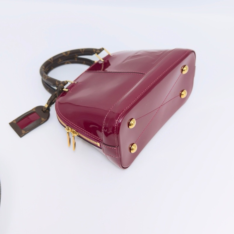 LV玫紅色漆皮拼老花手柄ALMABB手提斜挎貝殼包23*17*12 98新配件鑰匙塵袋-5