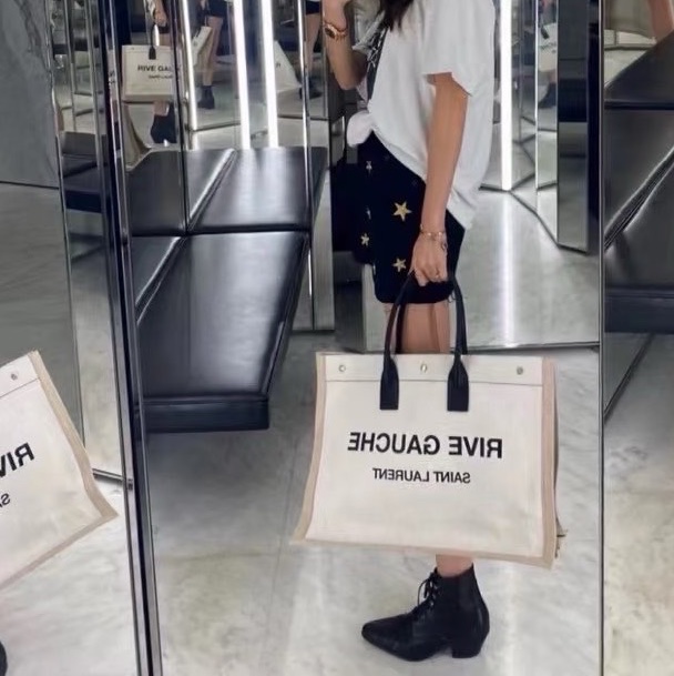 YSL 拼色帆布拼皮手提腋下托特包 48*36*16 98新配件塵袋-0