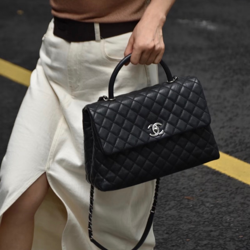 「JL精品代購」9 新 Chanel香奈兒coco handle 黑銀荔枝牛皮 2way手提/肩背包-1
