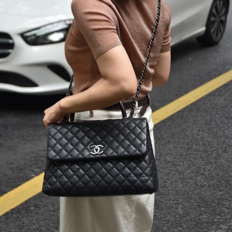 「JL精品代購」9 新 Chanel香奈兒coco handle 黑銀荔枝牛皮 2way手提/肩背包-2
