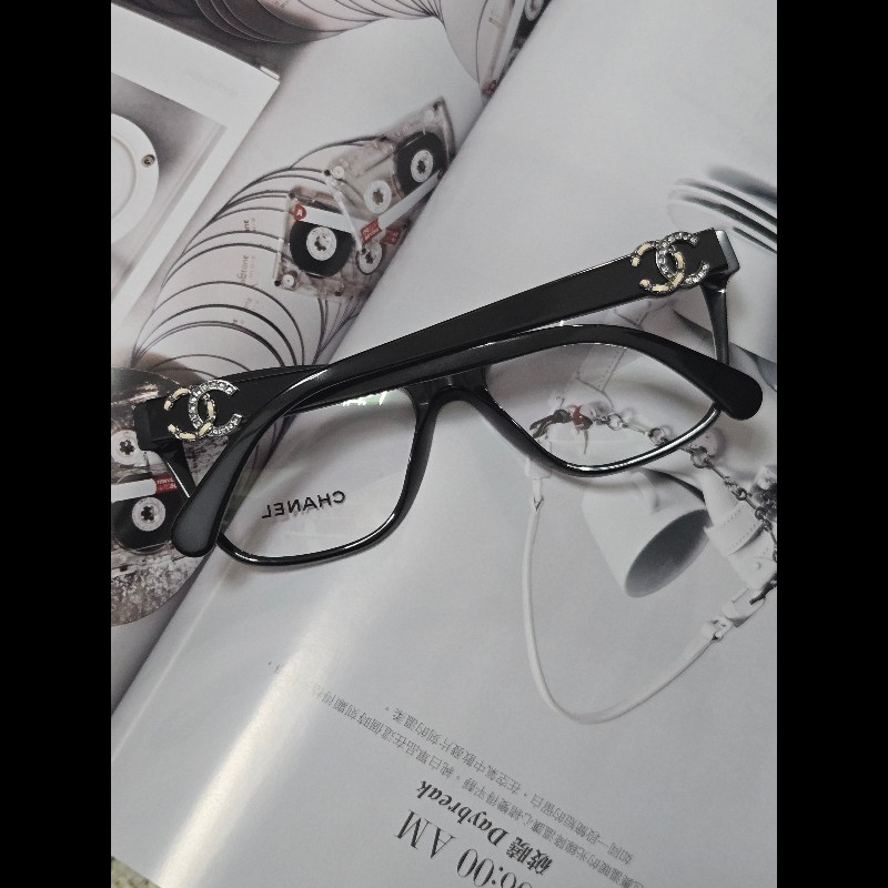 Chanel 香奈兒 皮穿鍊 鑽 抗uv黑框平光眼鏡 素顏神器-5