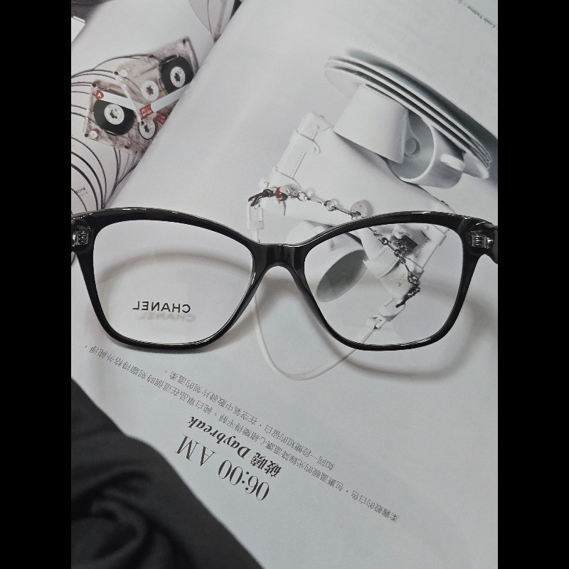 Chanel 香奈兒 皮穿鍊 鑽 抗uv黑框平光眼鏡 素顏神器-8
