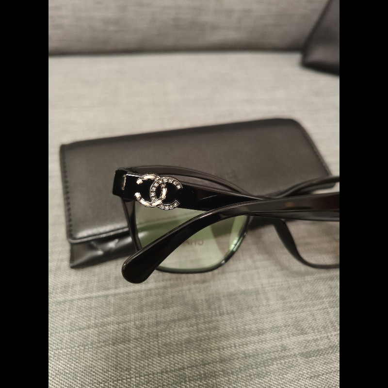 Chanel 香奈兒 皮穿鍊 鑽 抗uv黑框平光眼鏡 素顏神器-19
