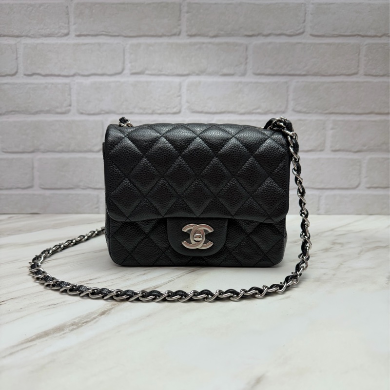 香奈兒 Chanel 方胖 荔枝牛皮 黑銀-5