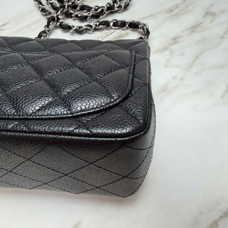 香奈兒 Chanel 方胖 荔枝牛皮 黑銀-11