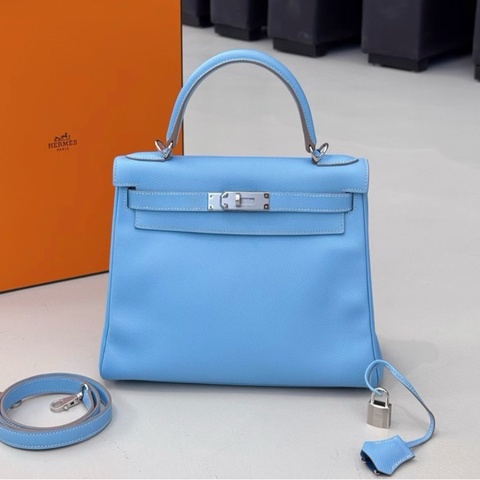 98新 Hermes 愛馬仕 Kelly28 糖果藍內拼牛仔藍銀扣 E皮 方塊O刻