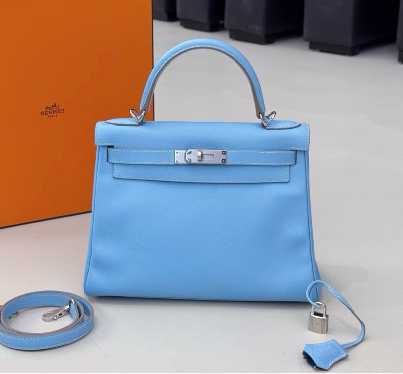 98新 Hermes 愛馬仕 Kelly28 糖果藍內拼牛仔藍銀扣 E皮 方塊O刻-0