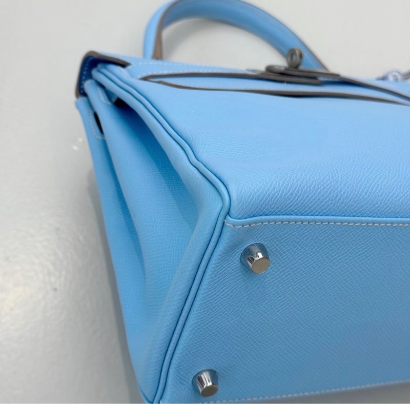 98新 Hermes 愛馬仕 Kelly28 糖果藍內拼牛仔藍銀扣 E皮 方塊O刻-6