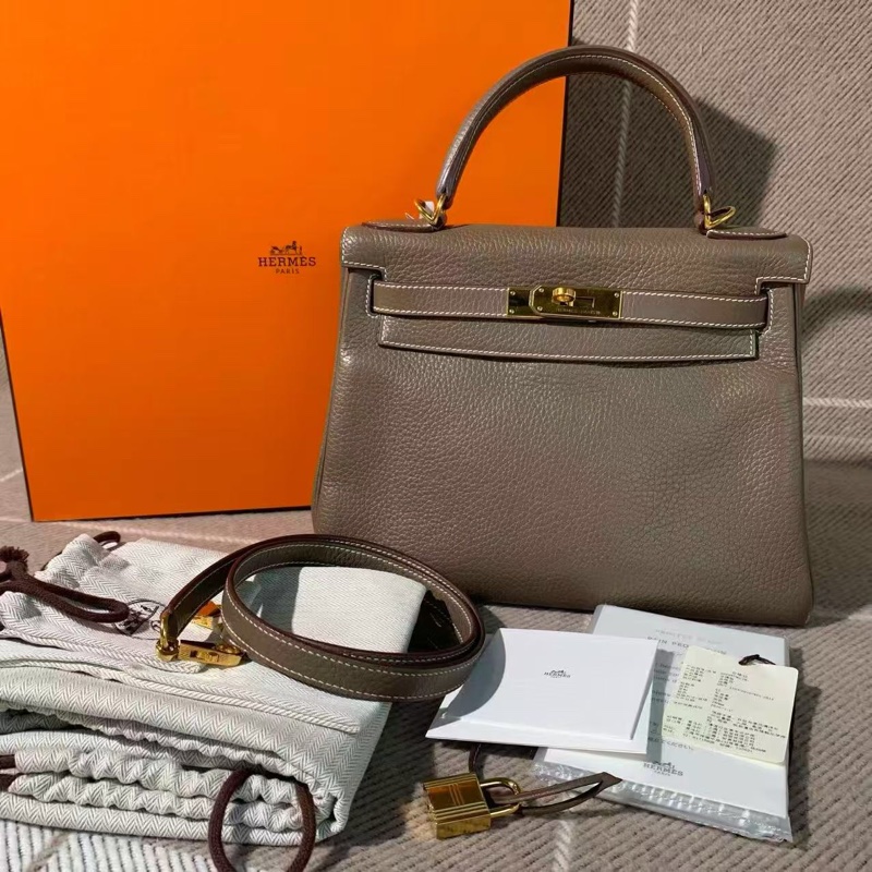 Hermes愛馬仕Kelly28大象灰Togo皮金扣T刻-9