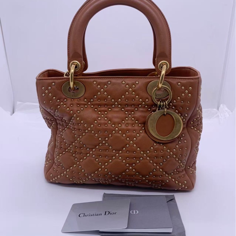 二手Dior 迪奧戴妃五格鉚釘菱格紋牛皮焦糖色金扣手提包單肩包,正常使用痕跡-0