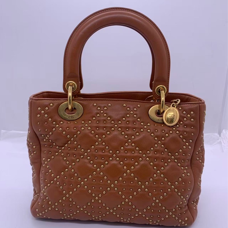 二手Dior 迪奧戴妃五格鉚釘菱格紋牛皮焦糖色金扣手提包單肩包,正常使用痕跡-3