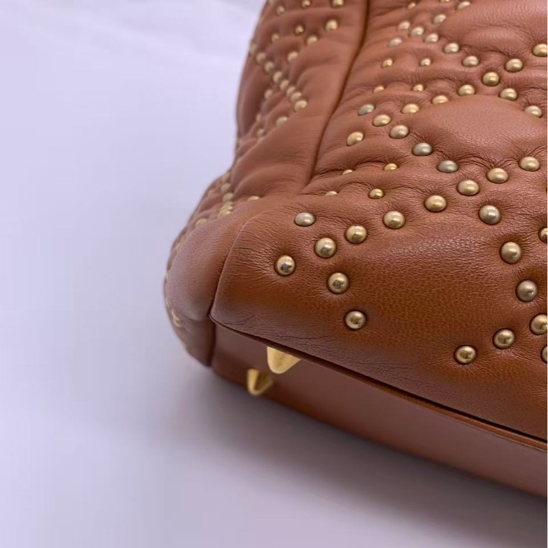 二手Dior 迪奧戴妃五格鉚釘菱格紋牛皮焦糖色金扣手提包單肩包,正常使用痕跡-10