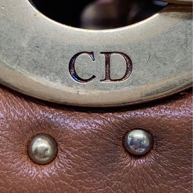 二手Dior 迪奧戴妃五格鉚釘菱格紋牛皮焦糖色金扣手提包單肩包,正常使用痕跡-14