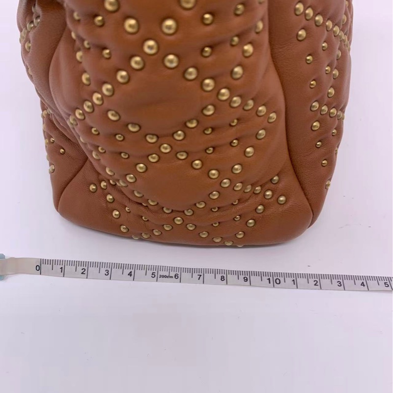 二手Dior 迪奧戴妃五格鉚釘菱格紋牛皮焦糖色金扣手提包單肩包,正常使用痕跡-26