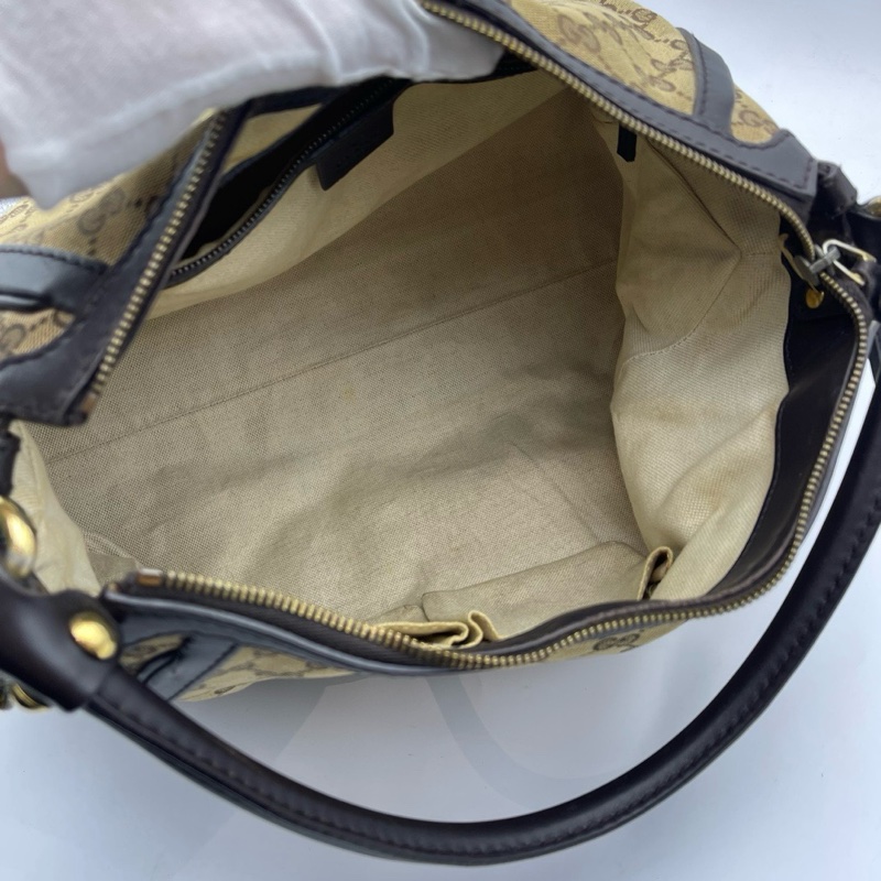 Gucci古驰老花帆布拼皮腋下包-5