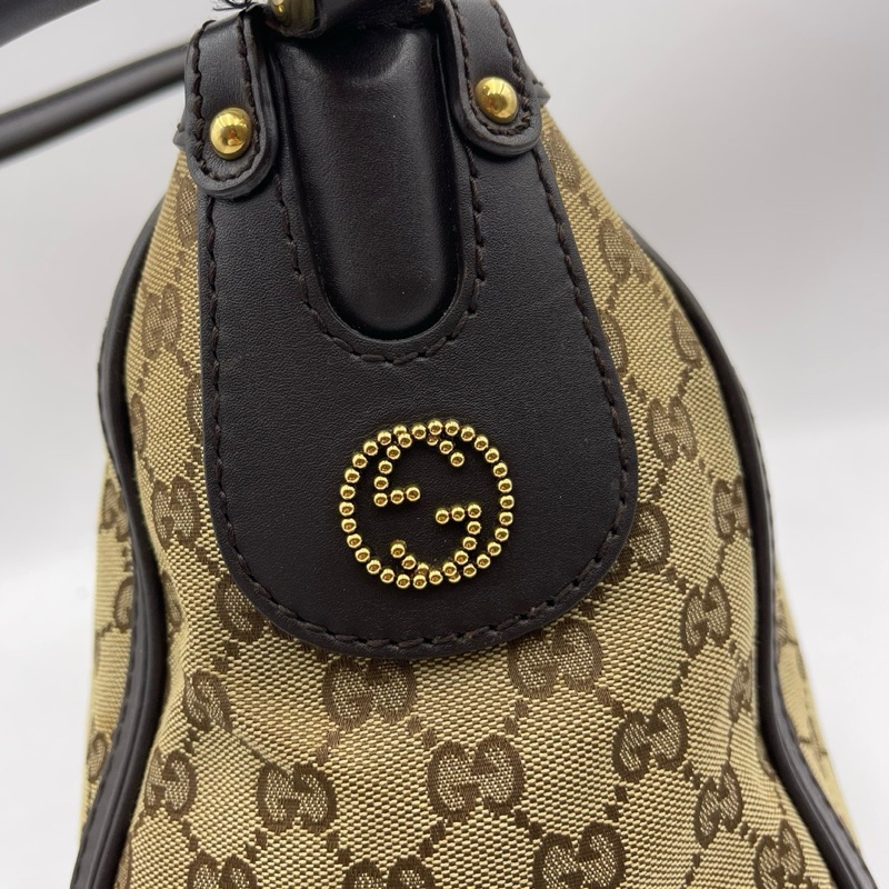 Gucci古驰老花帆布拼皮腋下包-8