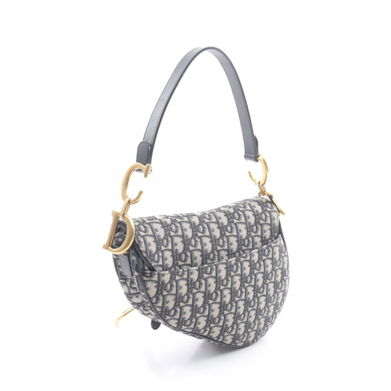 Dior馬鞍包 Oblique 提花手提包帆布皮革米色海軍藍二手女款-1