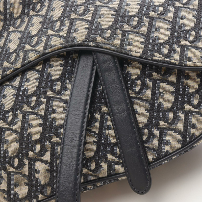 Dior馬鞍包 Oblique 提花手提包帆布皮革米色海軍藍二手女款-7