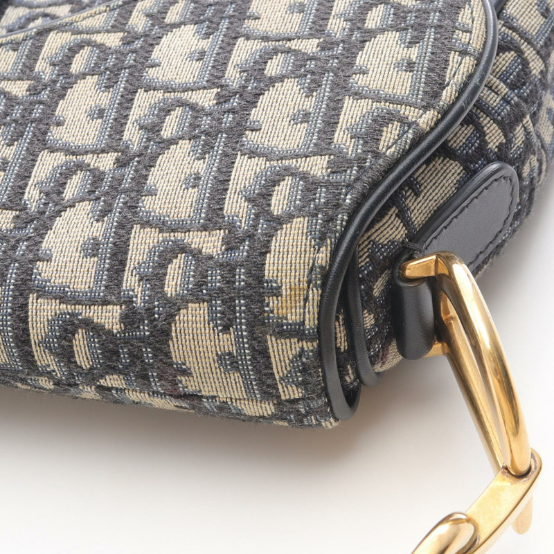 Dior馬鞍包 Oblique 提花手提包帆布皮革米色海軍藍二手女款-9