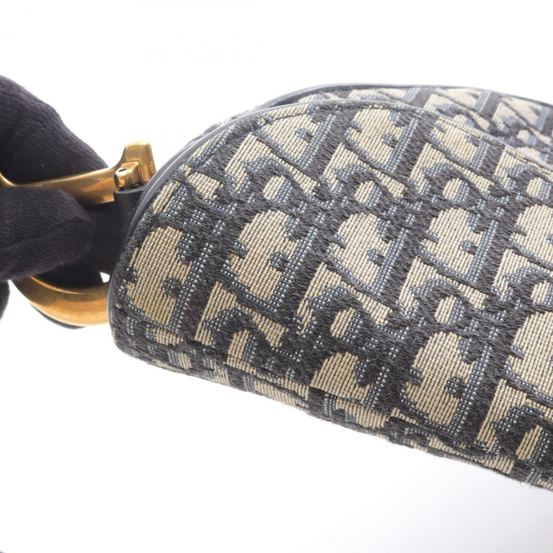 Dior馬鞍包 Oblique 提花手提包帆布皮革米色海軍藍二手女款-10