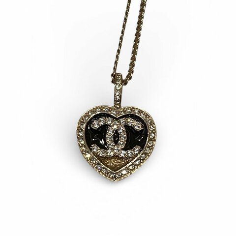 CHANEL 心型水鑽琺瑯異材質項鍊 合金 金色