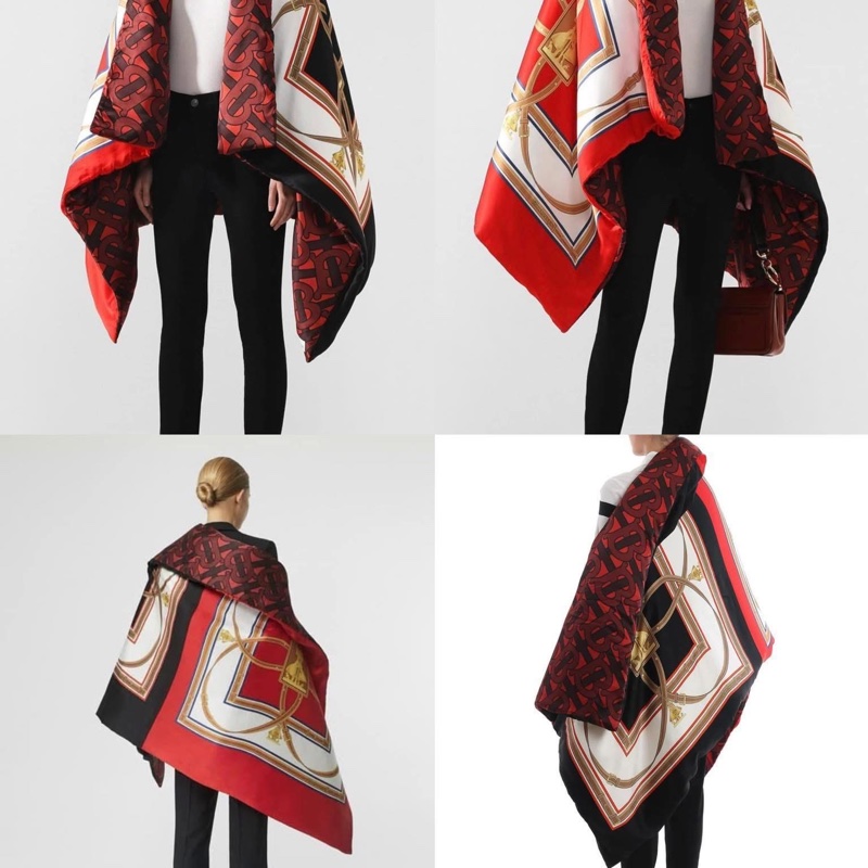 BURBERRY英國典藏圍巾印花絲緞寬鬆披肩/緋紅-3