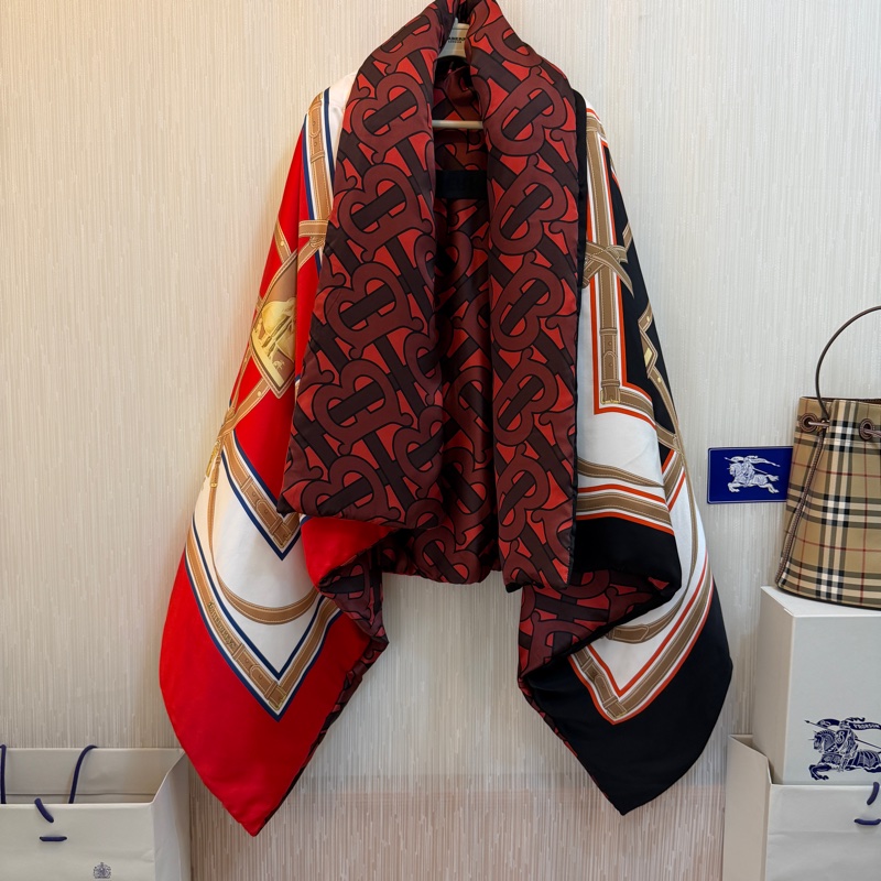 BURBERRY英國典藏圍巾印花絲緞寬鬆披肩/緋紅-9