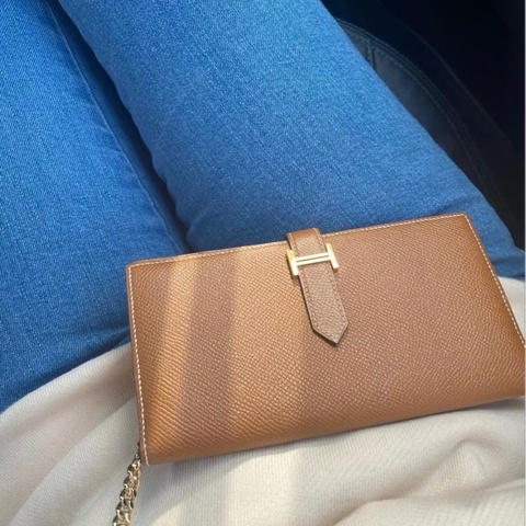 95 新 HERMES 愛馬仕 Bearn H 長夾 金棕銀扣 X刻EPSOM