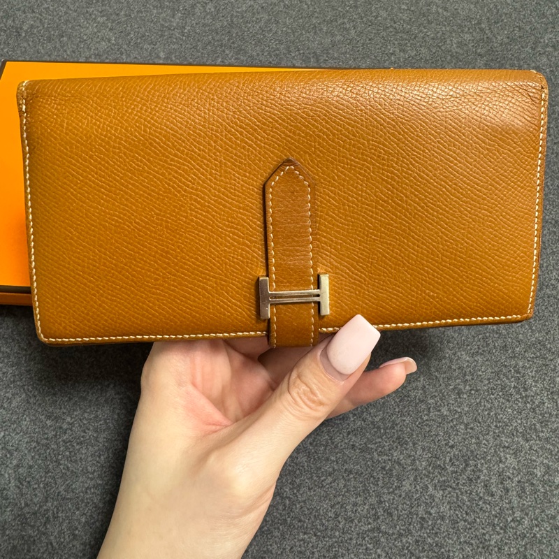 降價!自用首選HERMES 愛馬仕 Bearn H 長夾 金棕銀扣 X刻EPSOM-5