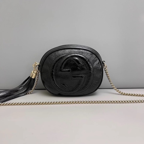 Gucci古馳Soho系列黑色亮面全皮流蘇相機包