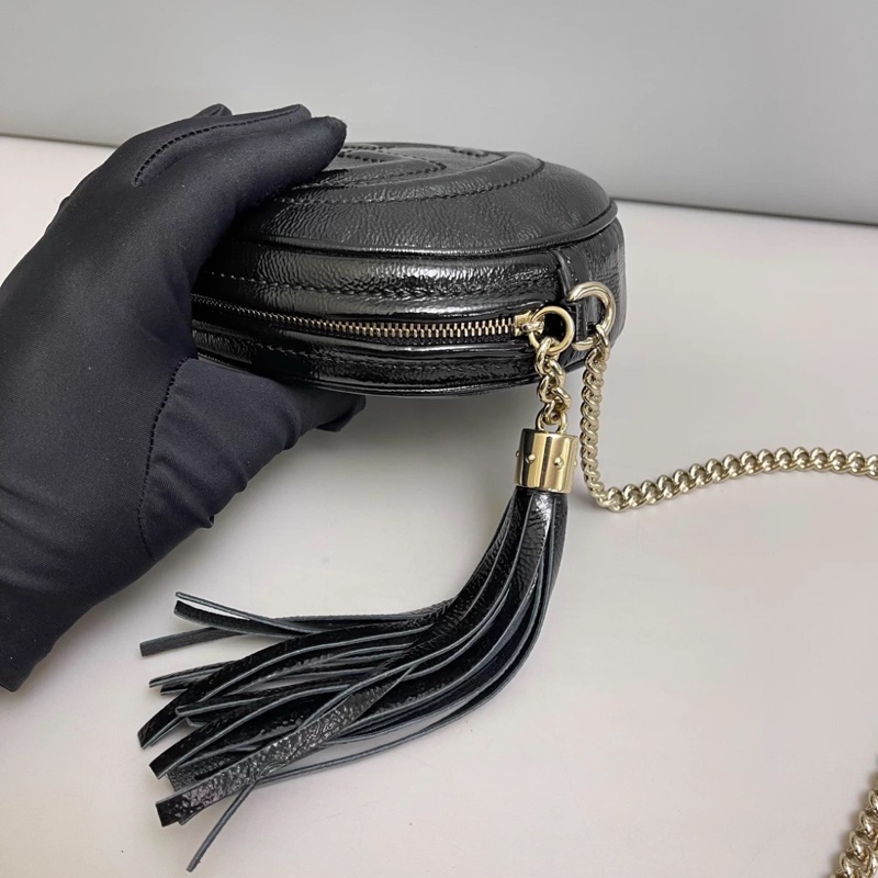 Gucci古馳Soho系列黑色亮面全皮流蘇相機包-5