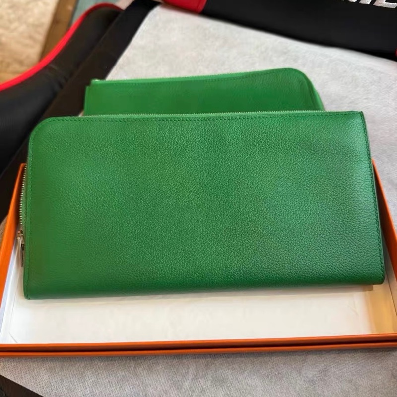 99新 Hermès 愛馬仕 綠色拉鍊長夾|附盒 框P刻-1
