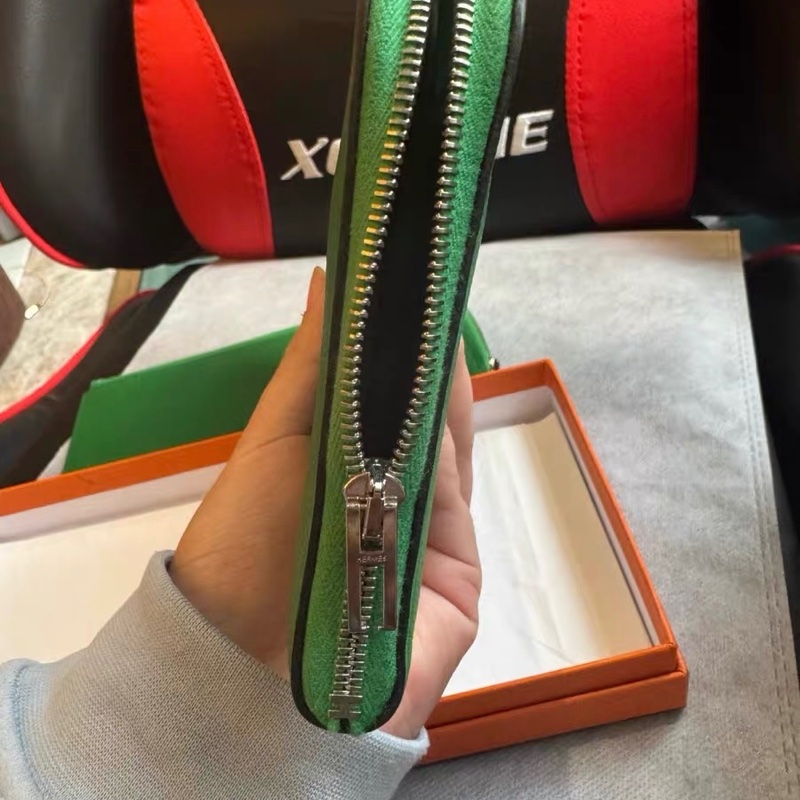 99新 Hermès 愛馬仕 綠色拉鍊長夾|附盒 框P刻-3