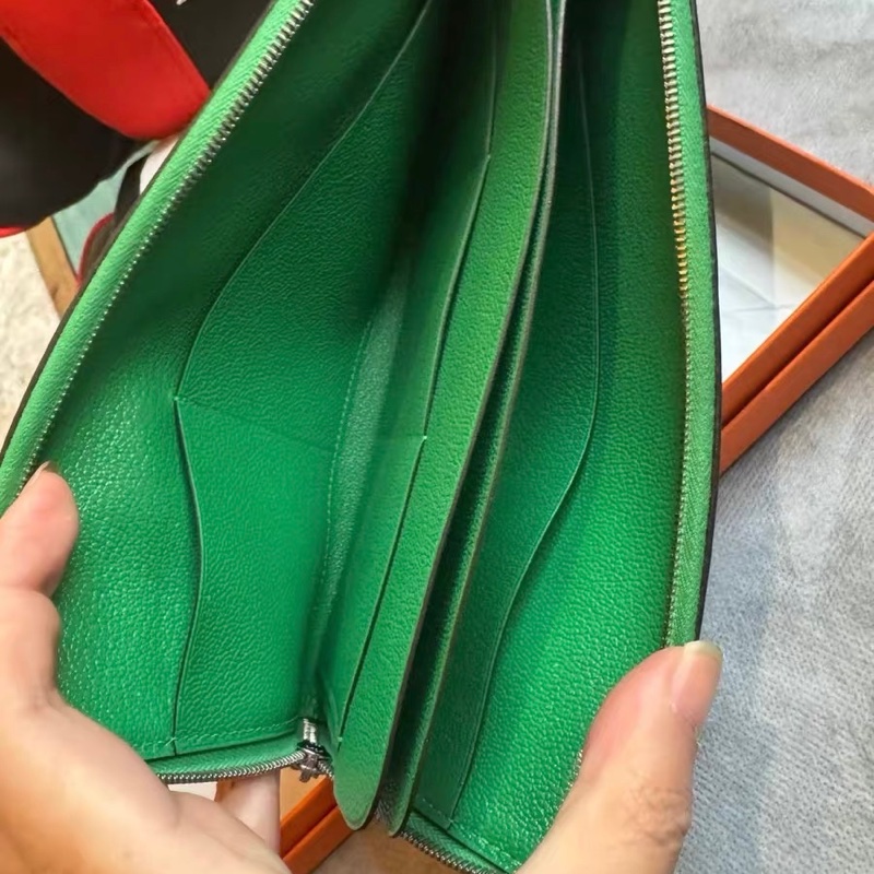 99新 Hermès 愛馬仕 綠色拉鍊長夾|附盒 框P刻-4