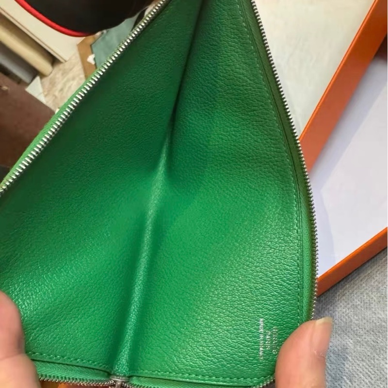 99新 Hermès 愛馬仕 綠色拉鍊長夾|附盒 框P刻-7