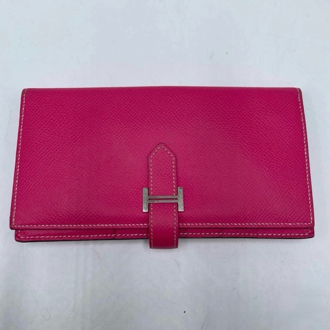 Hermes 愛馬仕 Bearn H 亮粉色銀扣 EPSOM 皮長夾 框W刻