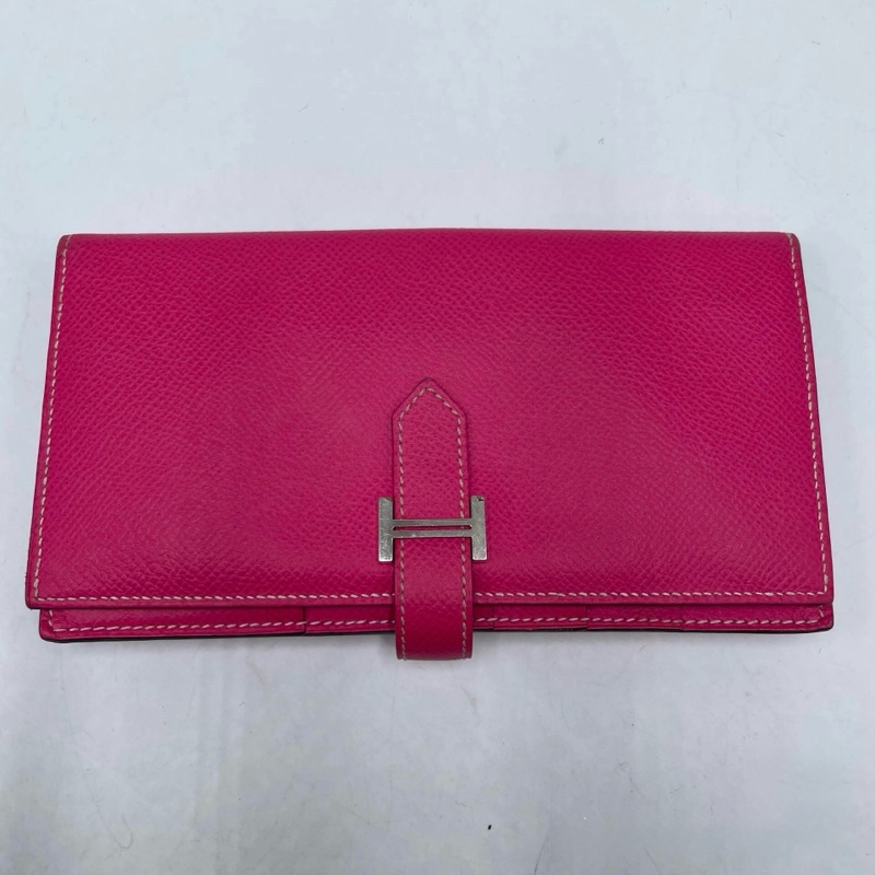 Hermes 愛馬仕 Bearn H 亮粉色銀扣 EPSOM 皮長夾 框W刻-0