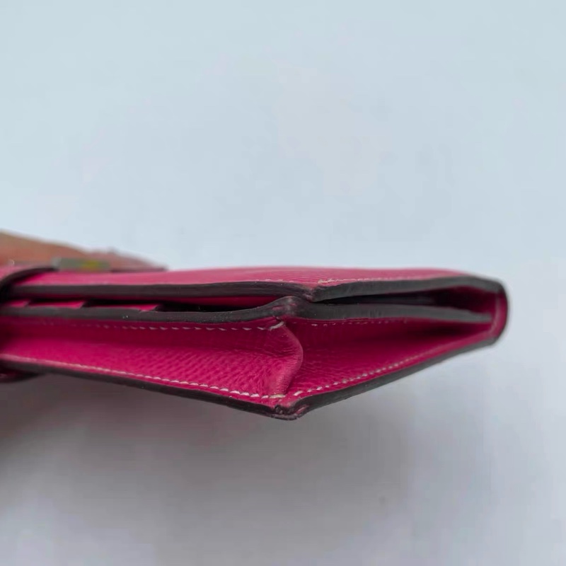 Hermes 愛馬仕 Bearn H 亮粉色銀扣 EPSOM 皮長夾 框W刻-5