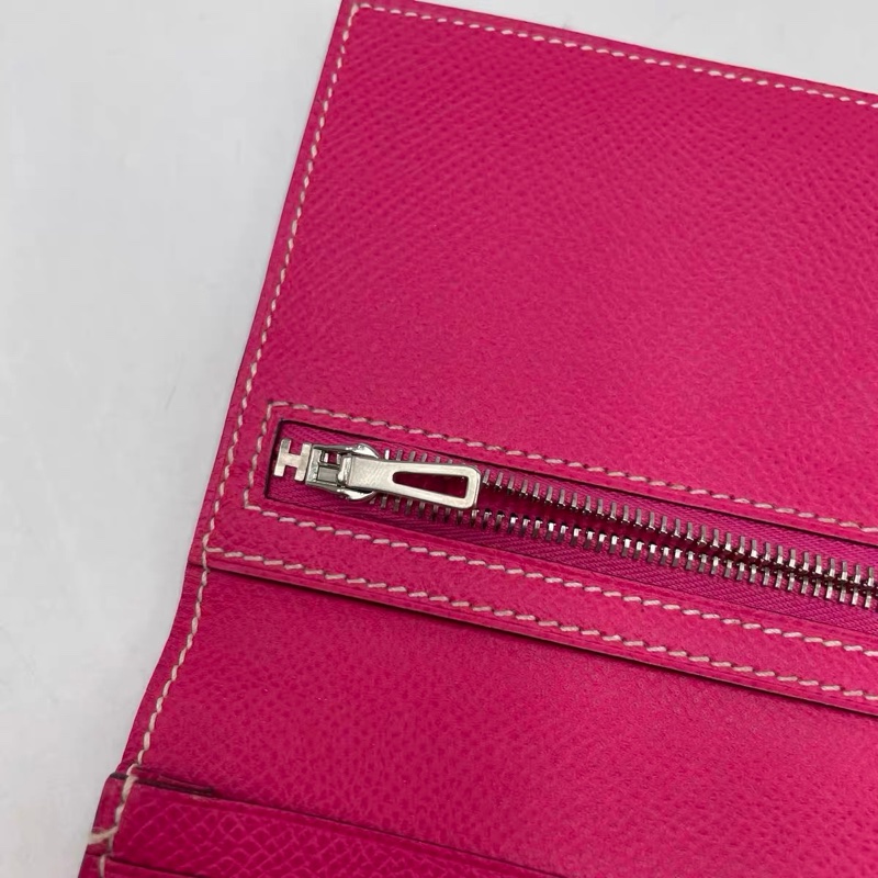 Hermes 愛馬仕 Bearn H 亮粉色銀扣 EPSOM 皮長夾 框W刻-7