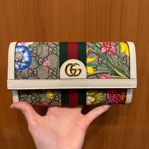 Gucci PVC花卉圖案白牛皮下蓋長夾