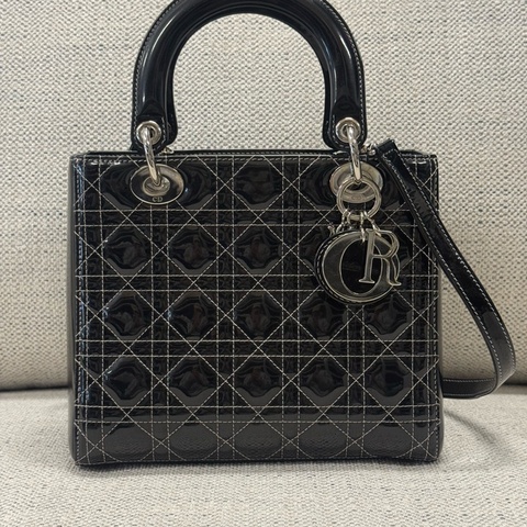 DIOR迪奧 Lady Dior 五格戴妃包銀扣藤格紋 漆皮小牛皮 單肩斜挎手提包 中號 女款 黑色