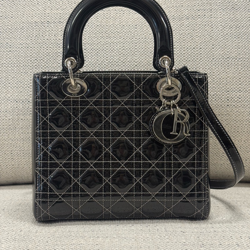 DIOR迪奧 Lady Dior 五格戴妃包銀扣藤格紋 漆皮小牛皮 單肩斜挎手提包 中號 女款 黑色-0