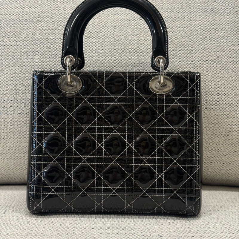 DIOR迪奧 Lady Dior 五格戴妃包銀扣藤格紋 漆皮小牛皮 單肩斜挎手提包 中號 女款 黑色-2