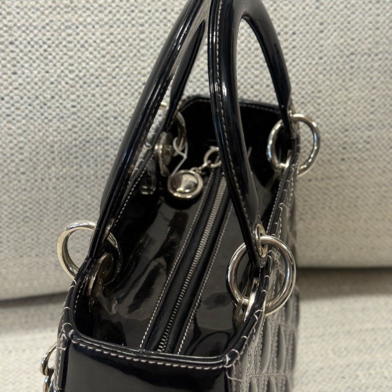 DIOR迪奧 Lady Dior 五格戴妃包銀扣藤格紋 漆皮小牛皮 單肩斜挎手提包 中號 女款 黑色-3