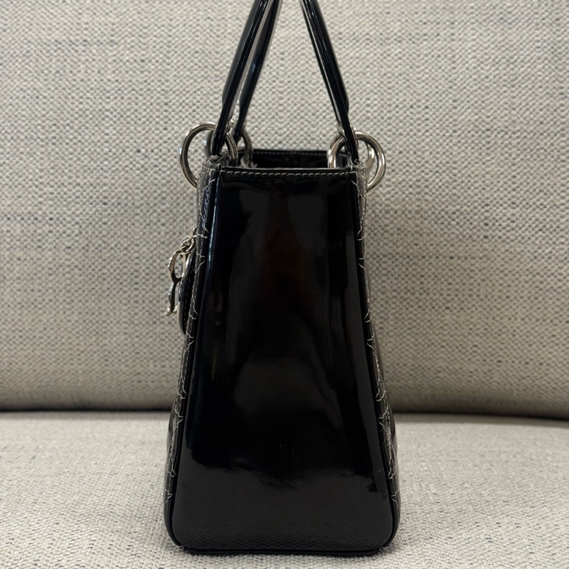 DIOR迪奧 Lady Dior 五格戴妃包銀扣藤格紋 漆皮小牛皮 單肩斜挎手提包 中號 女款 黑色-4