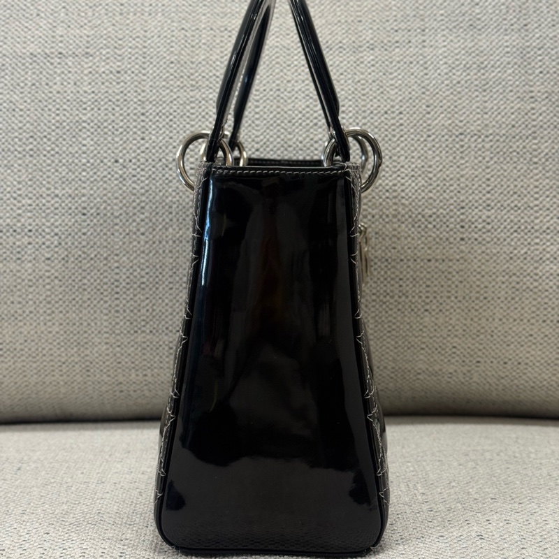 DIOR迪奧 Lady Dior 五格戴妃包銀扣藤格紋 漆皮小牛皮 單肩斜挎手提包 中號 女款 黑色-5