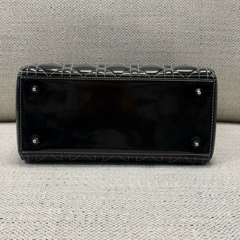 DIOR迪奧 Lady Dior 五格戴妃包銀扣藤格紋 漆皮小牛皮 單肩斜挎手提包 中號 女款 黑色-6