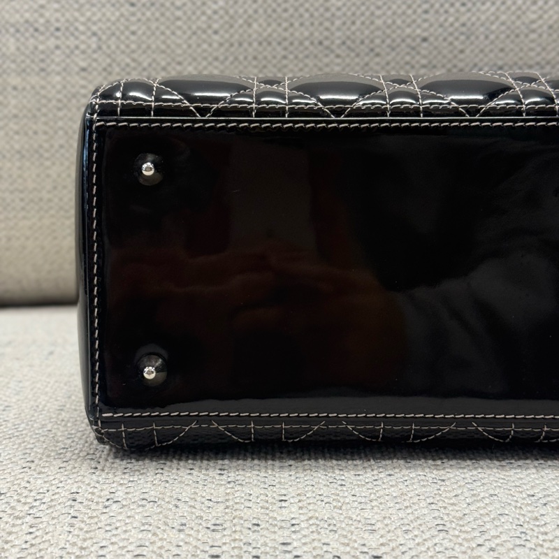 DIOR迪奧 Lady Dior 五格戴妃包銀扣藤格紋 漆皮小牛皮 單肩斜挎手提包 中號 女款 黑色-7