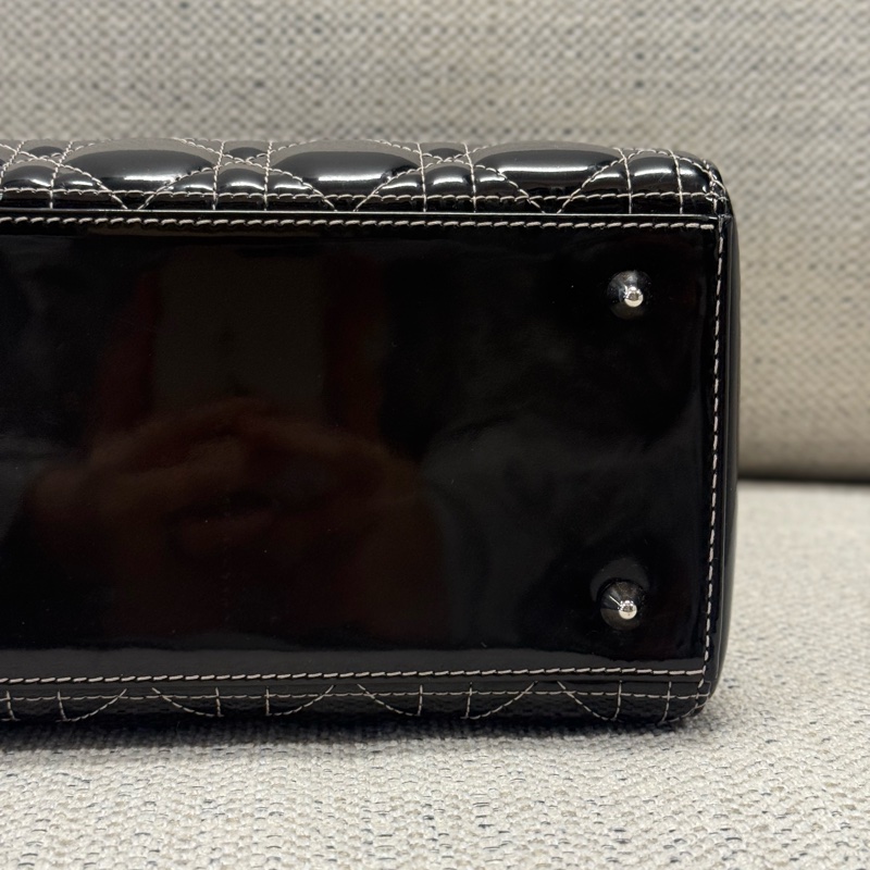 DIOR迪奧 Lady Dior 五格戴妃包銀扣藤格紋 漆皮小牛皮 單肩斜挎手提包 中號 女款 黑色-8